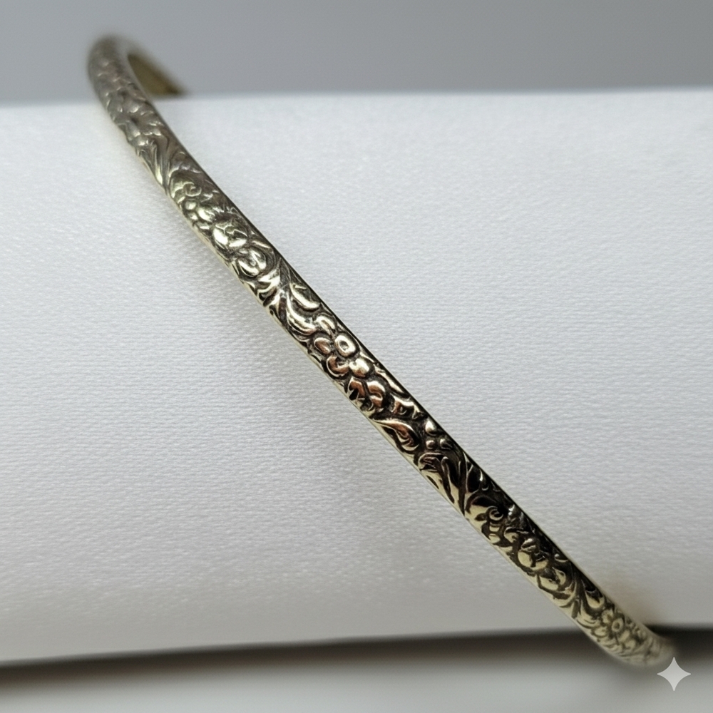 Floral 8.5" Sterling Silver 925 Bangle Bracelet Vermil Gold Plated Vintage Art - Picture 3 of 8